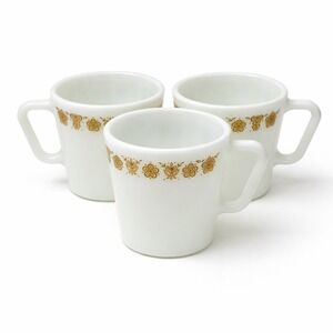 VTG Pyrex Butterfly Gold Milk Glass Coffee Mugs Set of 3 White Gold 1970s USA